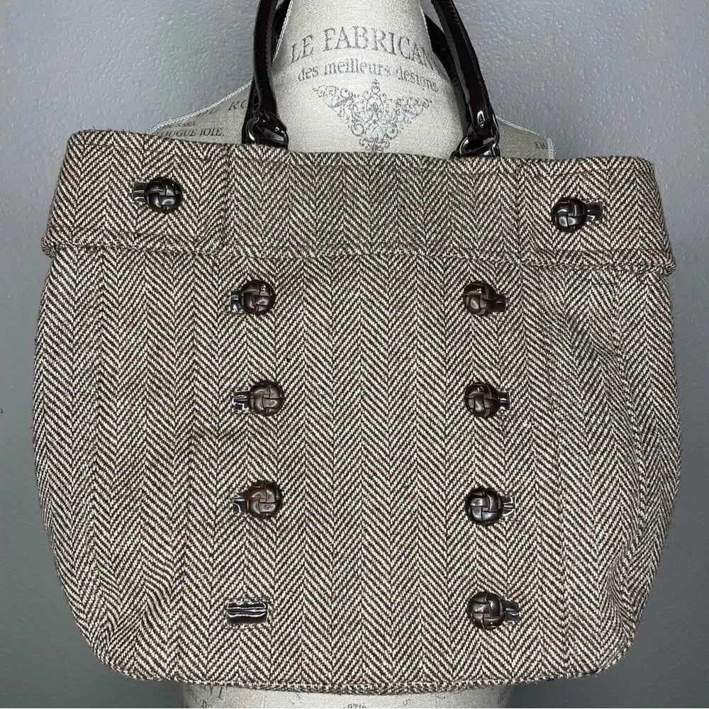 Braciano Tweed Brown Tan Tote Handbag With Buttons
